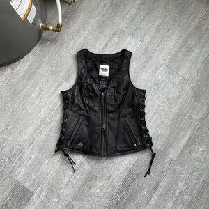 Black Vintage Harley-Davidson Zip-Up Embroidered Leather Biker Vest